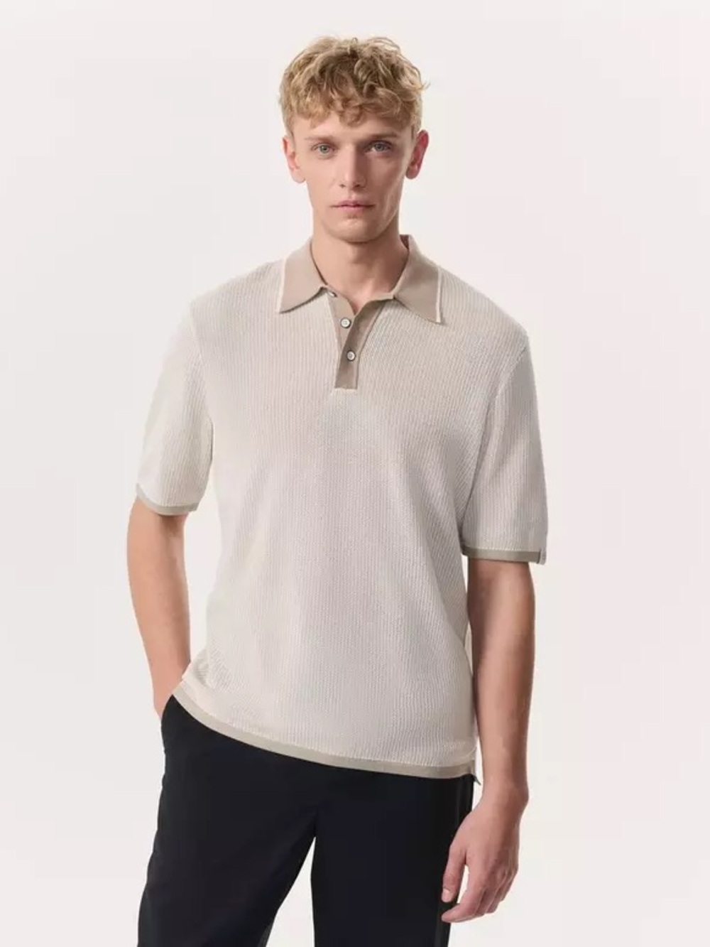 rag & bone Harvey Knit Cream Short-Sleeve Polo with Tan Trim